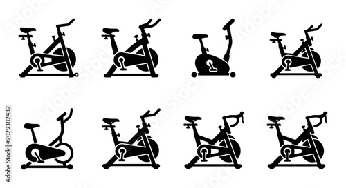 Fotografía Stationary Bike Icons Set, Indoor Cycling Machine Vector Graphics, Exercise Bike