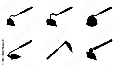 Tableau sur toile Gardening Tool Set, Agricultural Hoes Collection, Farming Implements Vector Icon