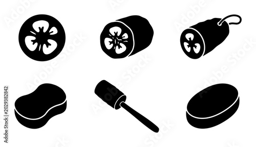 Black Silhouette Icons: Loofah, Sponge, and Tomato Slices, Kitchen & Bath Accessories