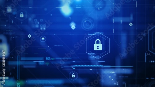 3D rendering of a cybersecurity interface with a lock icon and digital network lines on a dark background. Data protection and technology concept
