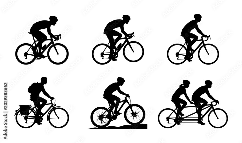 Obraz premium Cycling Silhouettes: Diverse Riders on Bikes, Tandem, and Touring, Vector Icons