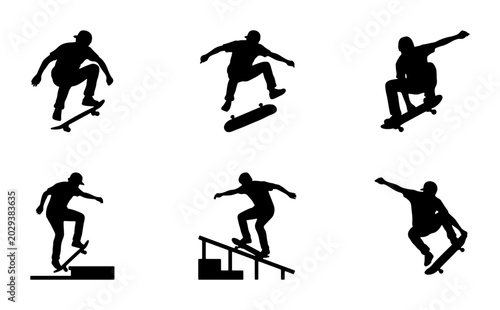 Fényképezés Skateboarder Silhouettes, Action Poses, Extreme Sports Vector Icons Set