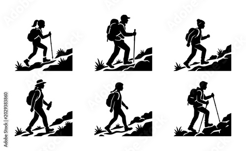 Canvastavla Hiking Silhouettes, Mountain Climbing Icons, Outdoor Adventure Vector Set, Activ