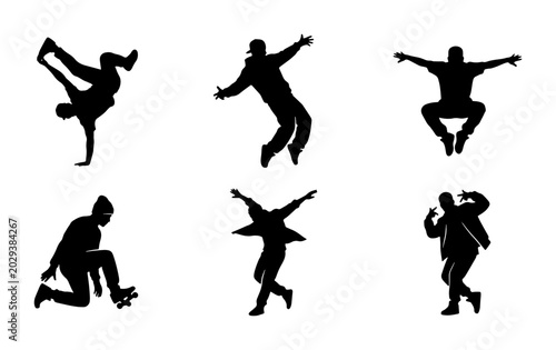 Schilderij op canvas Dynamic Breakdance Silhouettes, Hip Hop Dance Poses, Urban Street Dance Figures,