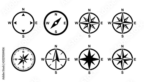 Compass Rose Icons Set, Navigation Symbols Collection, Directional Guides, Nautical Star Graphics
