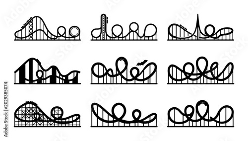 Tableau sur toile Roller Coaster Silhouettes, Amusement Park Rides, Thrill Rides, Vector Icons Set
