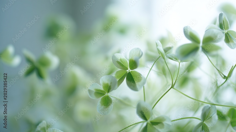 Obraz premium Translucent White Clover Leaves Macro Close Up, Fresh Delicate Mini Plant Widescreen View