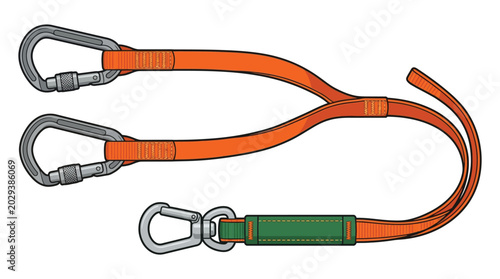 Orange safety lanyard with metal carabiners for climbing and industrial fall protection in a studio photo