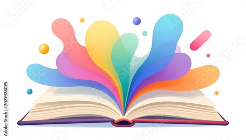 Colorful open book clip art with abstract shapes flowing out, symbolizing imagination, creativity, and knowledge