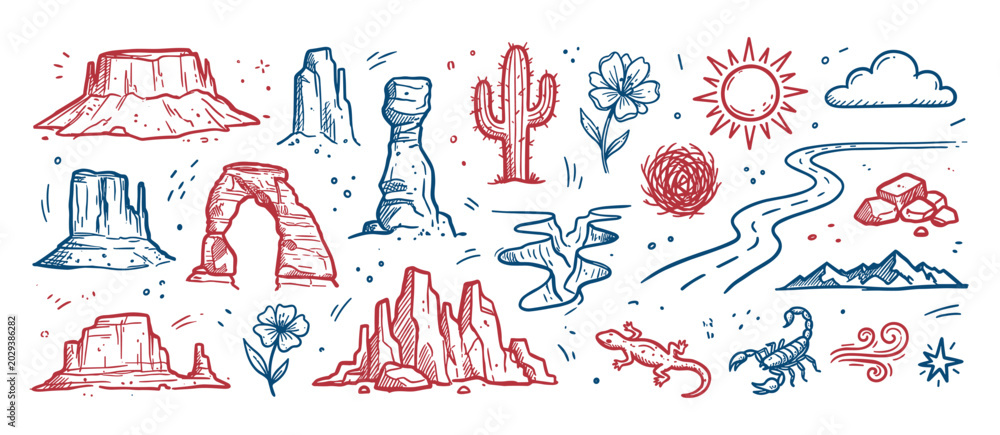 Fototapeta premium Hand-drawn desert landscape elements in a doodle style, featuring red rock formations, cacti, and wildlife