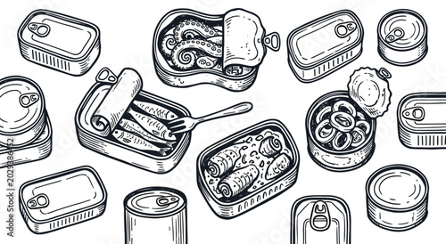 Various hand-drawn canned seafood items, including sardines, octopus, and squid, in a detailed vintage sketch style