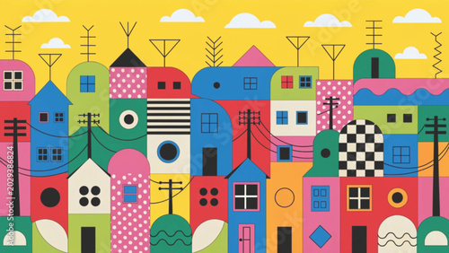 Colorful abstract cityscape illustration playful geometric houses packed closely together vector background