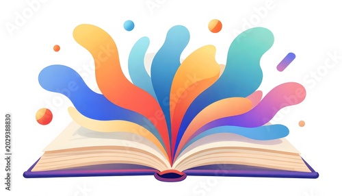 Colorful open book clip art with abstract shapes flowing out, symbolizing imagination, creativity, and knowledge
