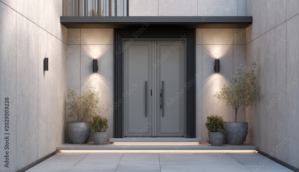 Fototapeta premium Modern entryway with double doors, potted plants, and subtle uplighting