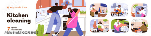 Kitchen cleaning and housework set. People washing dishes, loading dishwasher...