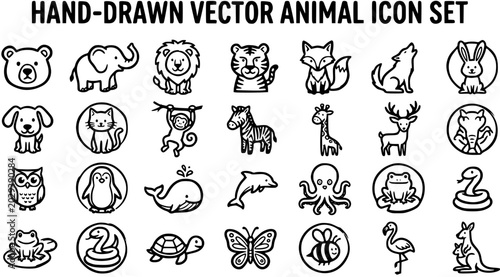 Canvas Print Hand-Drawn Vector Animal Icon Set: Cute Black  White Line Art Wildlife Illustrations for Kids, Nature, and Educational Designs