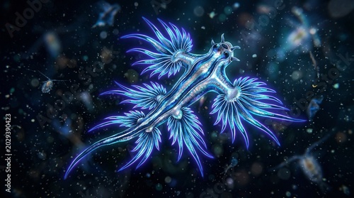 Blue dragon nudibranch sea slug floating in deep dark ocean water