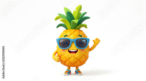Cartoon pineapple character waving with sunglasses and leafy crown in white background