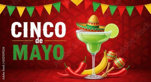 Cinco de mayo celebration margarita glass sombrero on red background colorful flags maracas