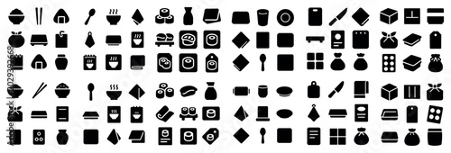 Japanese food and dining icon set with sushi rice bowl chopstick for mobile app design in minimal vector art