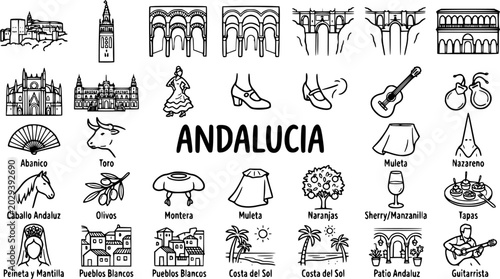 Photos Andalusia Symbols Icons Set: Line Art Vector Illustrations of Spanish Culture an