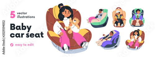Children passengers sitting in baby car seats set. Fastened toddlers, boys an...