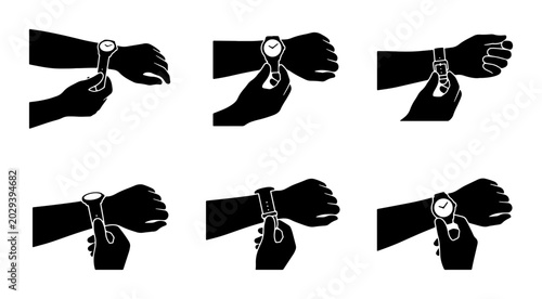 Canvas Print Watch Instruction Icons: Setting Time, Adjusting Strap, Wearing Wristwatch, Step