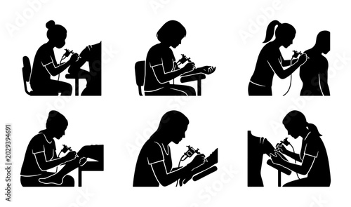 Cuadro en lienzo Tattoo Artist Silhouettes, Set of 6, Tattooing Body Art, Studio Craftsmanship, I