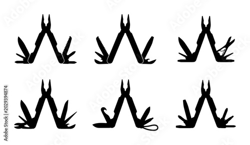 Foto Multi-tool Icons Set, Compact Pocket Knife Silhouettes, Versatile Utility Gadget