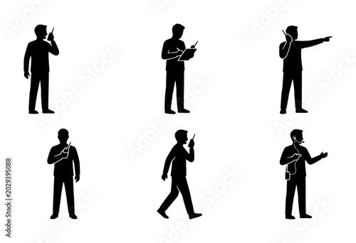 Bild auf Leinwand Communication Icons: People with Walkie Talkies, Radio, and Hand Signals, Vector