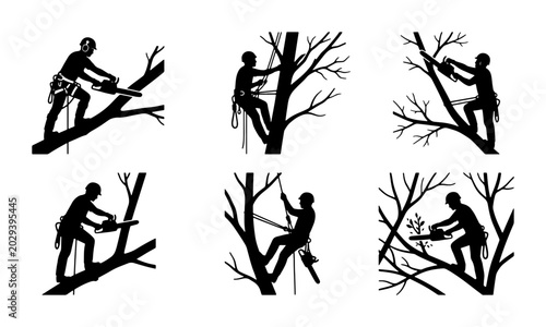 Quadro em tela Arborist Tree Pruning Silhouettes, Arboriculture Chainsaw Work, Tree Care Vector