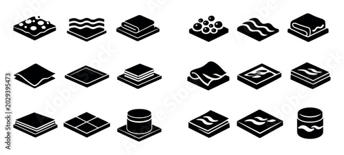 Cleaning and household design icons with sponge, cloth and detergent for print marketing in solid style