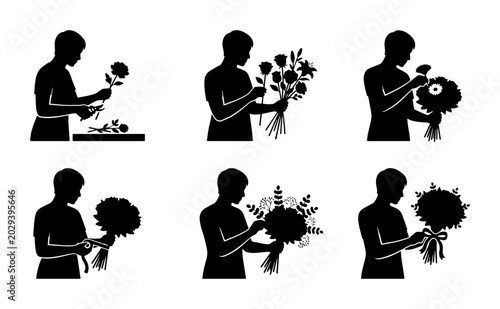 Fotografija Florist Arranging Flowers, Bouquet Creation Steps, Floral Design Process Icons