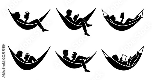 Tableau sur toile Relaxing Hammock Reading Silhouettes, Leisure Lifestyle Vector Icons, Peaceful O