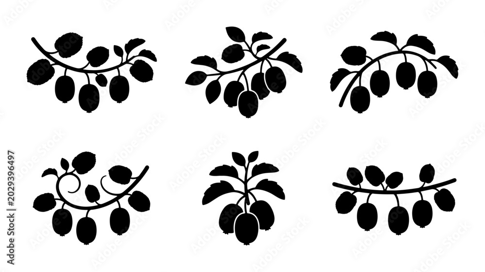Fototapeta premium Black Silhouette Fruit Branches, Decorative Botanical Elements, Organic Harvest Icons, Vector Design Accents