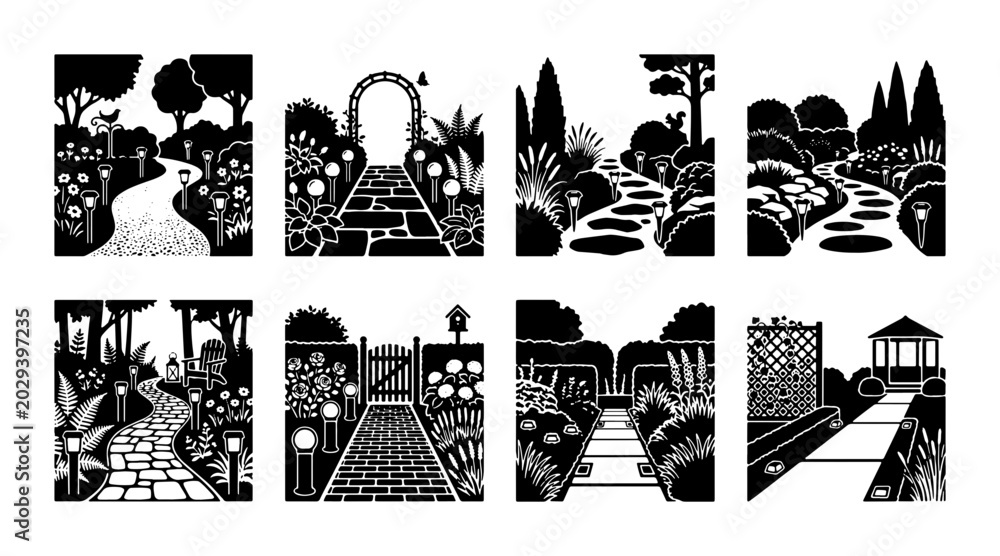 Fototapeta premium Garden Paths Vector Set: Scenic Landscapes, Winding Trails, Floral Borders, Architectural Elements