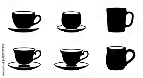 Fotografie Black Silhouette Coffee Cups and Mugs Collection, Cafe Drinkware Icons, Hot Beve