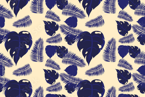 Seamless tropical pattern with palm leaves and monstera in blue and beige tones. Botanical design perfect for summer fabric, wallpaper, and background.
