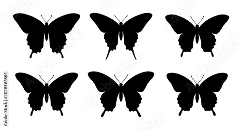 Bild auf Leinwand Six Black Butterfly Silhouettes, Elegant Insect Vector Graphics, Delicate Winged