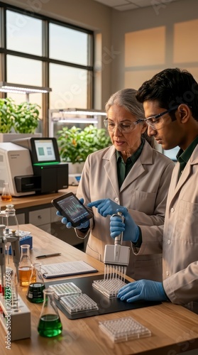 Scientists in lab coats analyzing data on a tablet