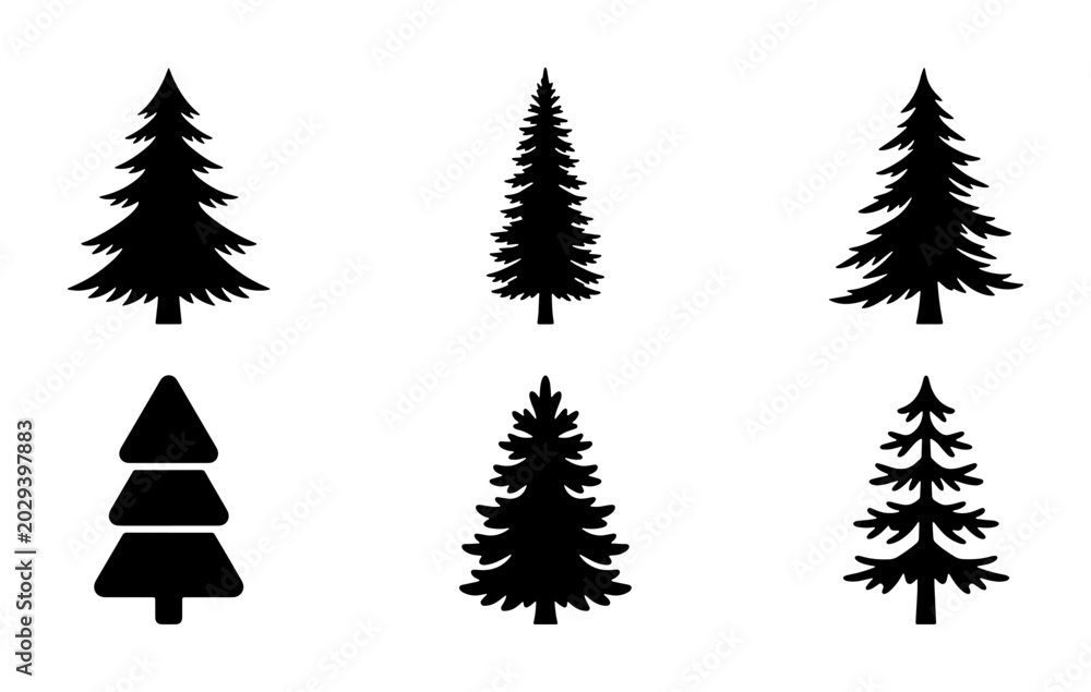 Obraz premium Six Silhouette Pine Trees, Evergreen Forest Icons, Nature Vector Graphics, Winter Woodland Elements