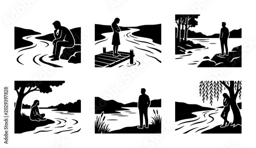 Photos Solitary Figures, River Landscapes, Vector Silhouettes, Contemplative Mood, Natu