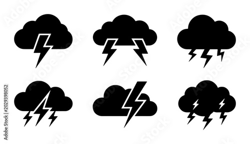 Tableau sur toile Black Lightning Cloud Icons, Thunderstorm Weather Symbols, Stormy Sky Vector Gra