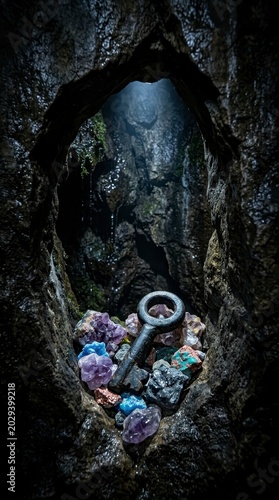 Ancient key and colorful crystals in a dark cave