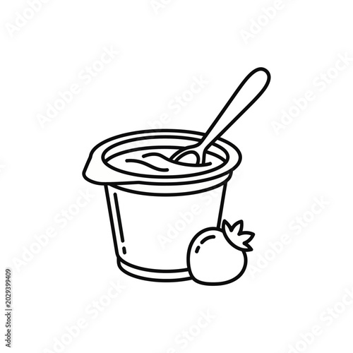 Outline icon of a strawberry yogurt cup with a spoon.