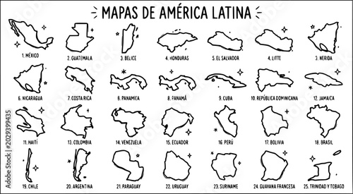 Bild auf Leinwand Latin America Map Outlines, Country Shapes, Black and White Line Art, Vector Ill