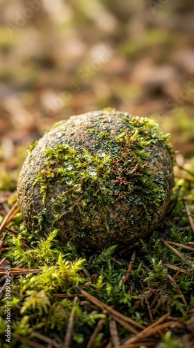 Moss covered rock with water droplets on forest floor