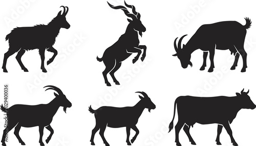 Foto Farm Animals and Mountain Wildlife Black Silhouette Vector Icon Set Featuring Va