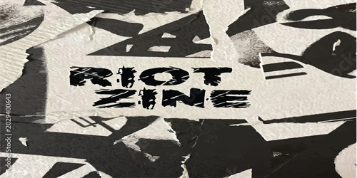 Photos Black and white collage with the words riot zine in distressed text street art g