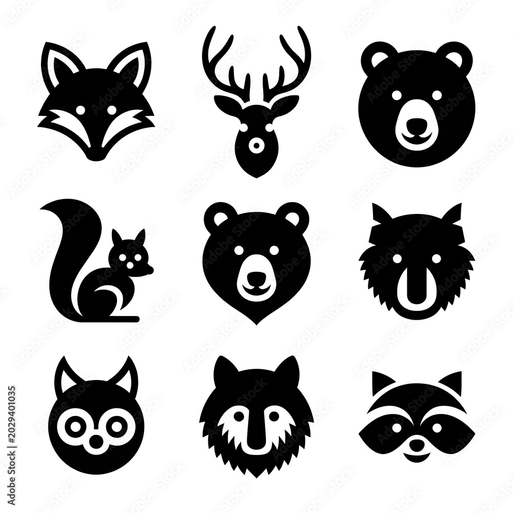 Fototapeta premium Collection of nine stylized animal head featuring fox, deer, bear, squirrel, wolf, and raccoon silhouettes